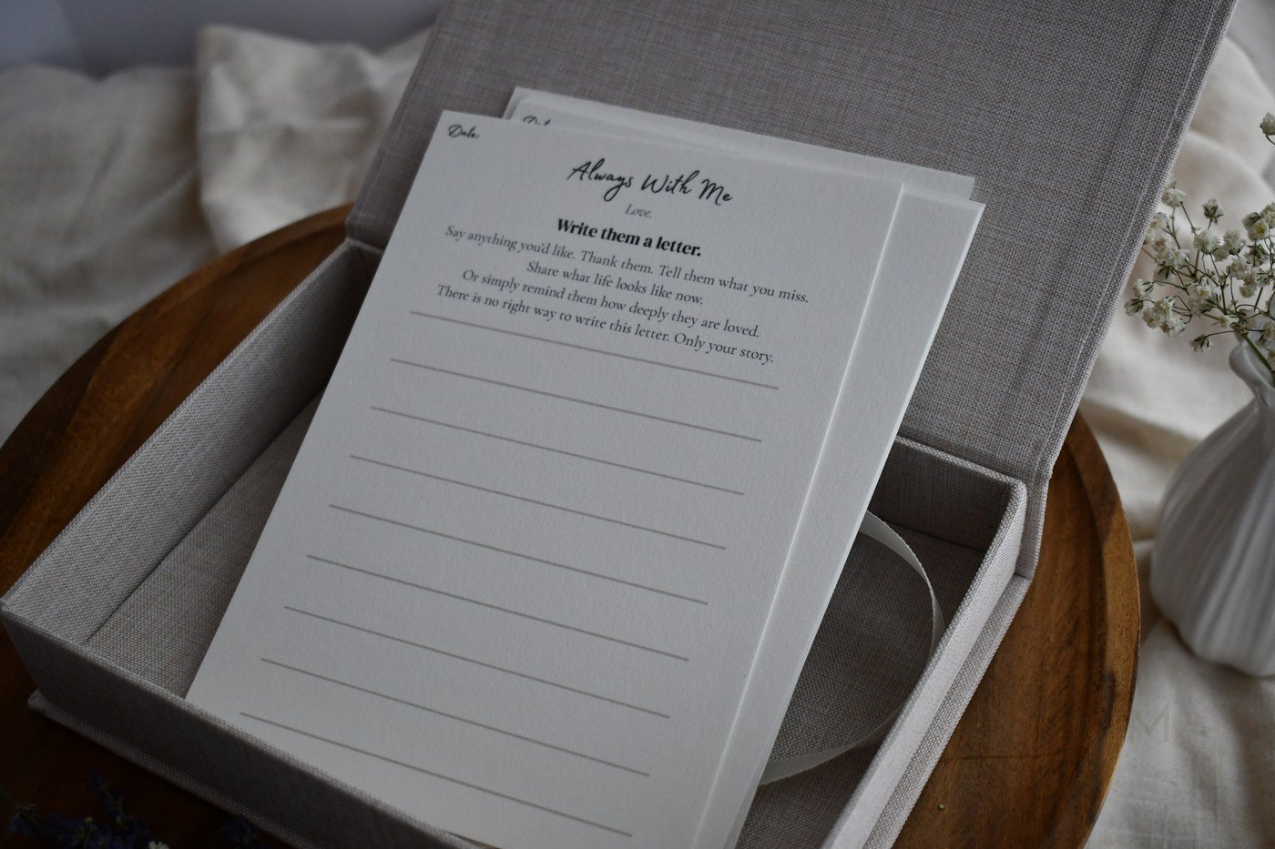 Always With Me letter prompt card inside the keepsake box.