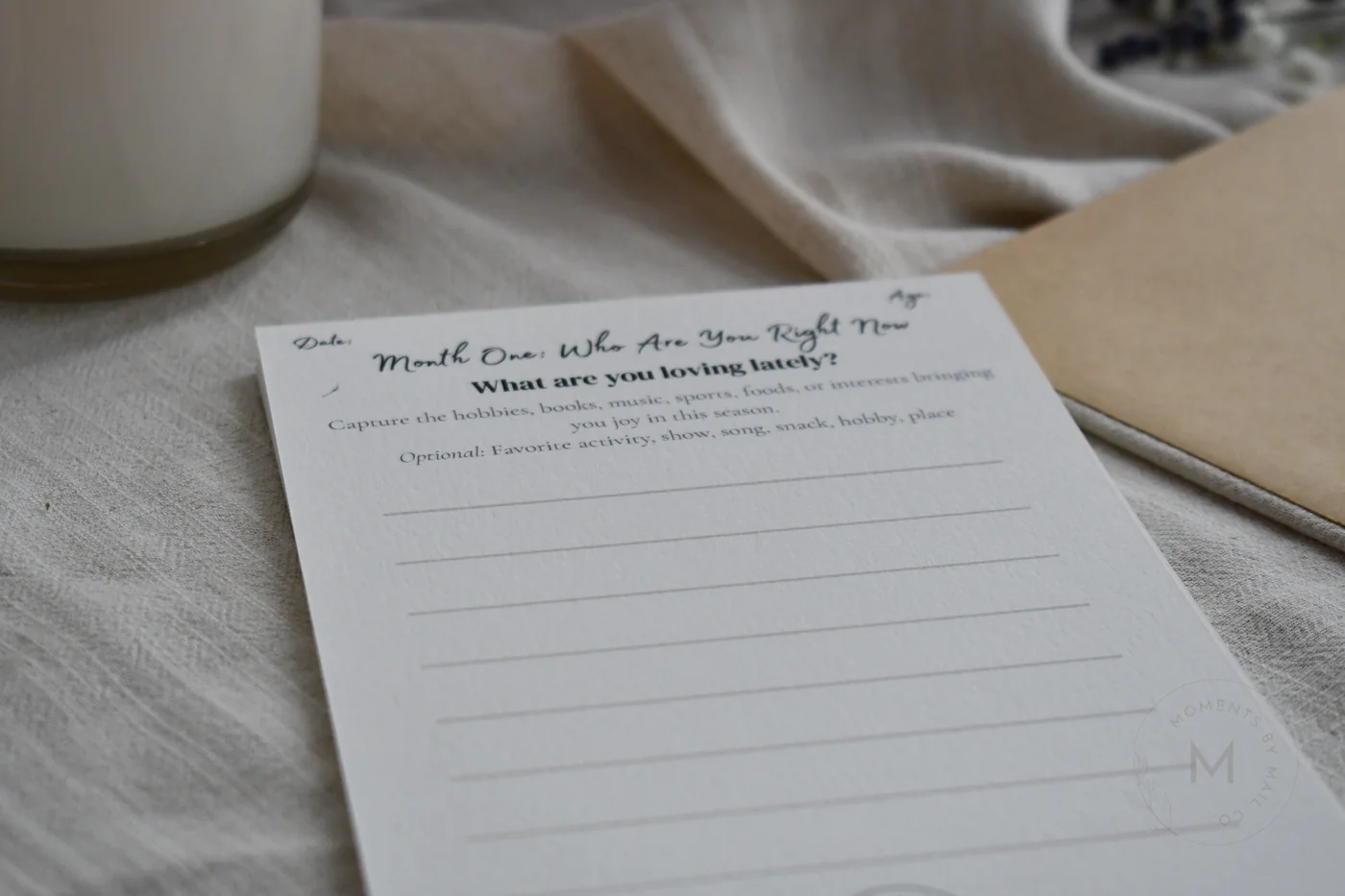 Becoming You prompt card with a candle and envelope nearby.