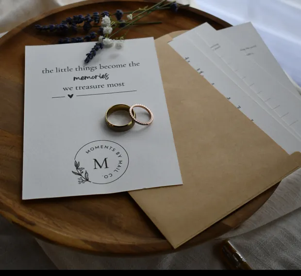 Before Forever keepsake card with wedding rings and memory prompts.