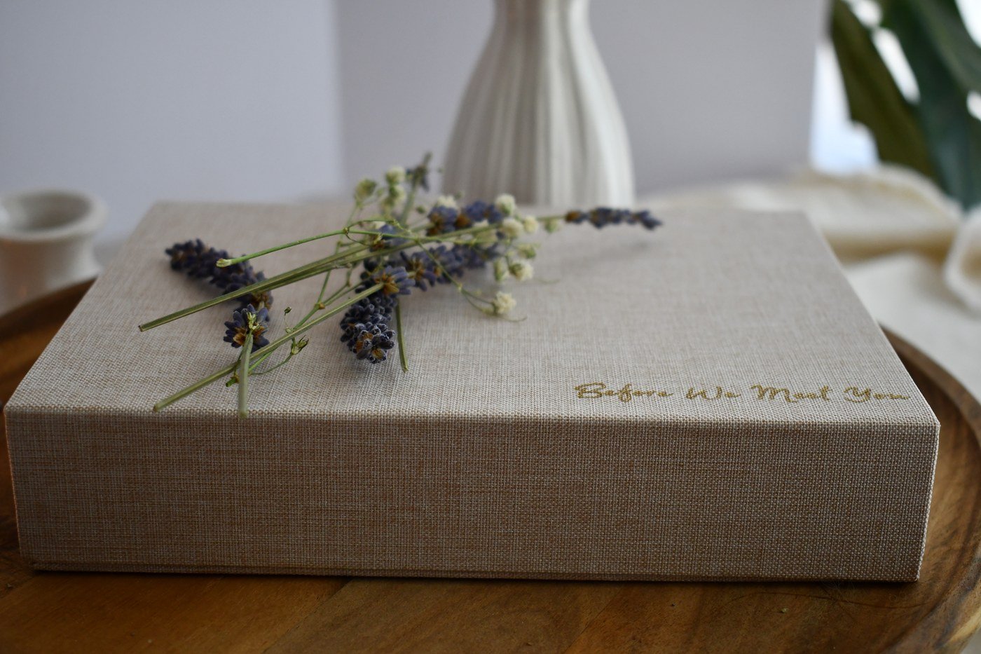 Before We Meet You keepsake box with lavender on the lid.