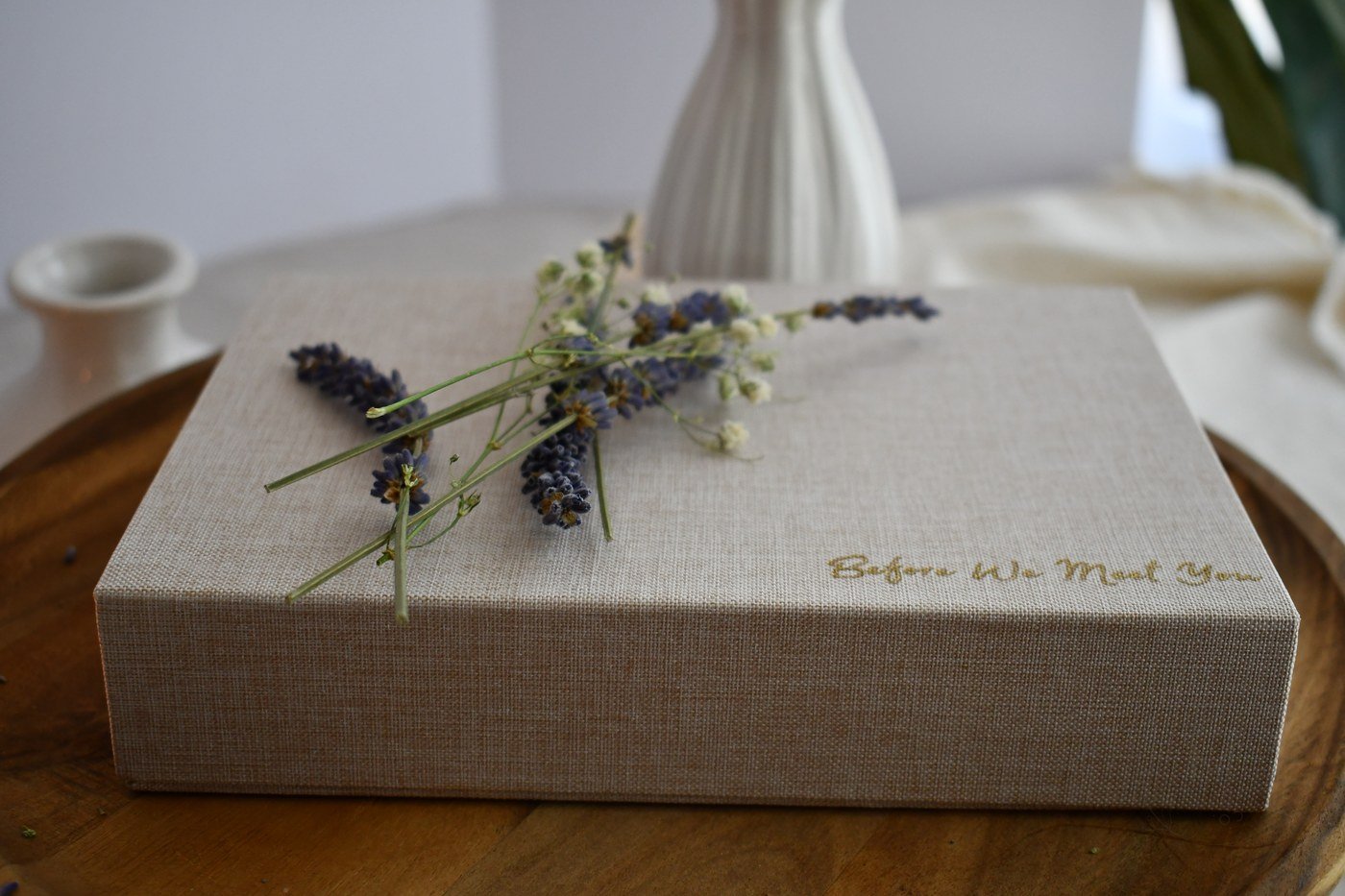Before We Meet You keepsake box with lavender and logo.