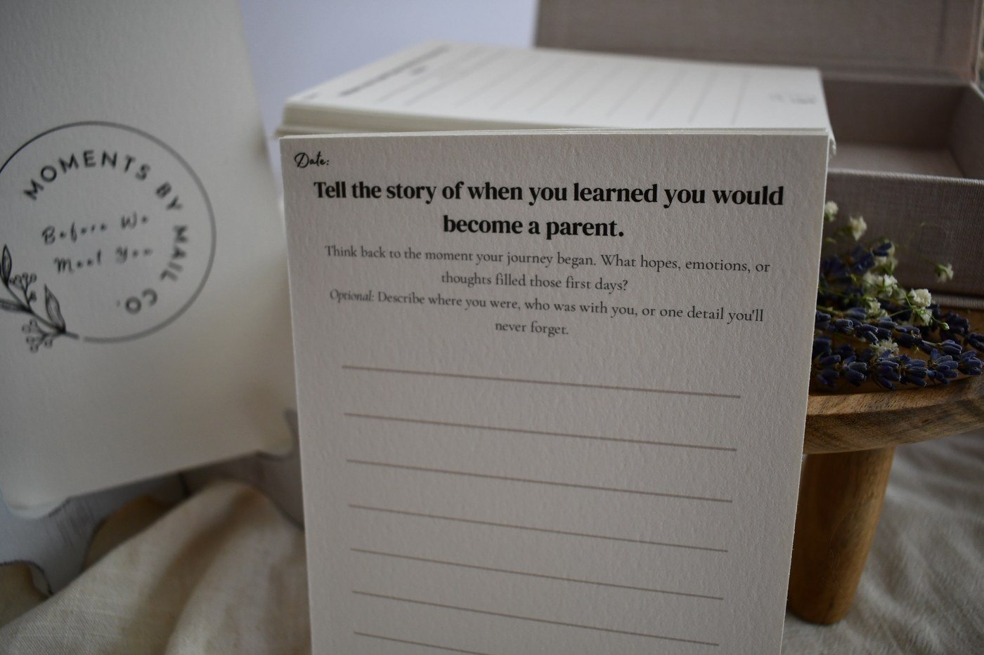 Before We Meet You prompt card with keepsake box and lavender.