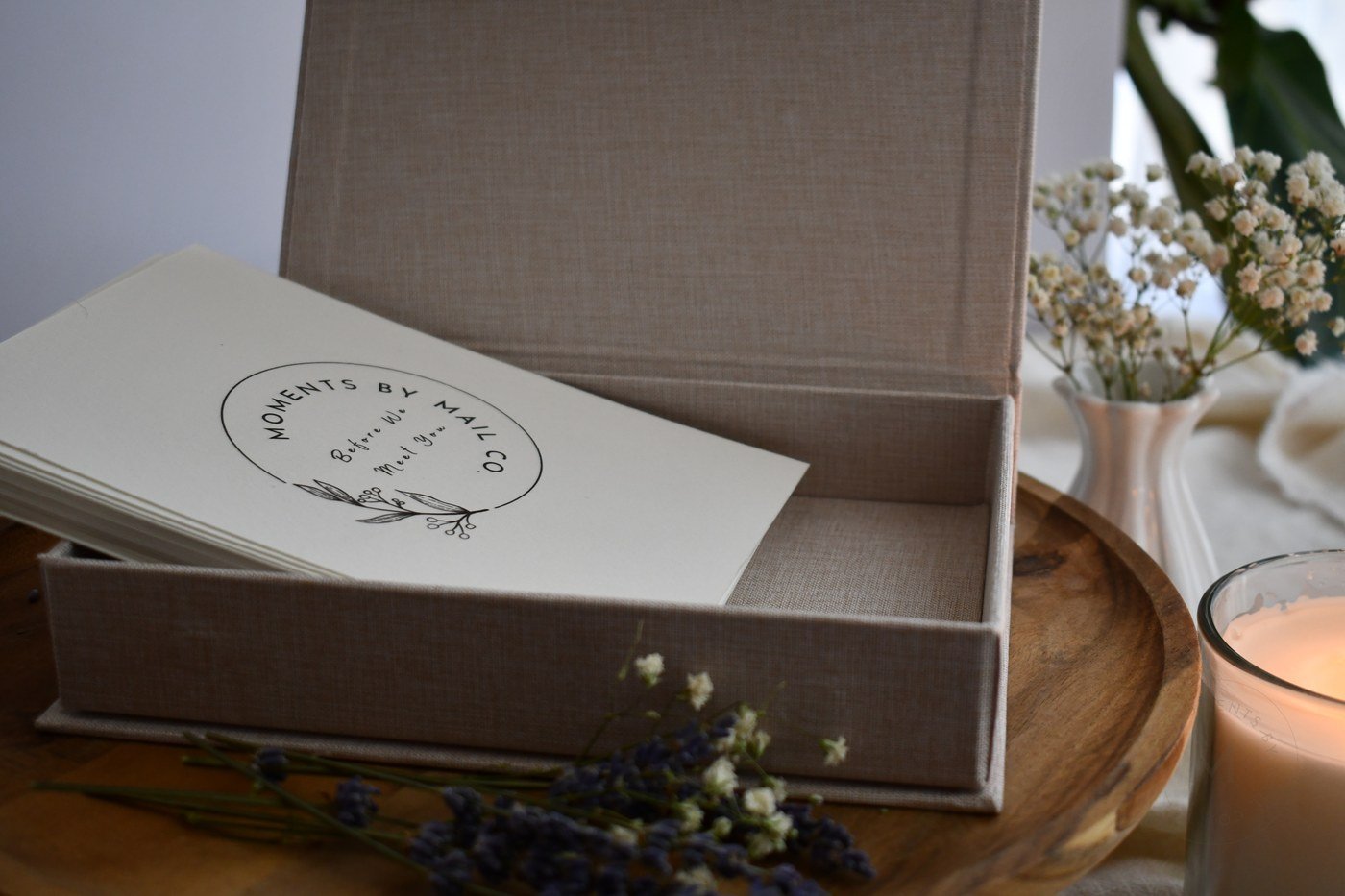 Open Before We Meet You keepsake box with logo card.