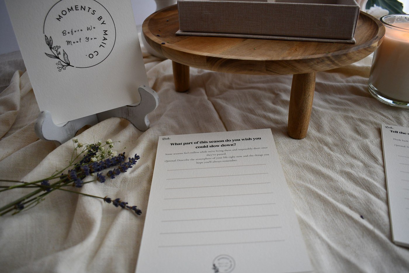 Before We Meet You prompt cards arranged with keepsake box.