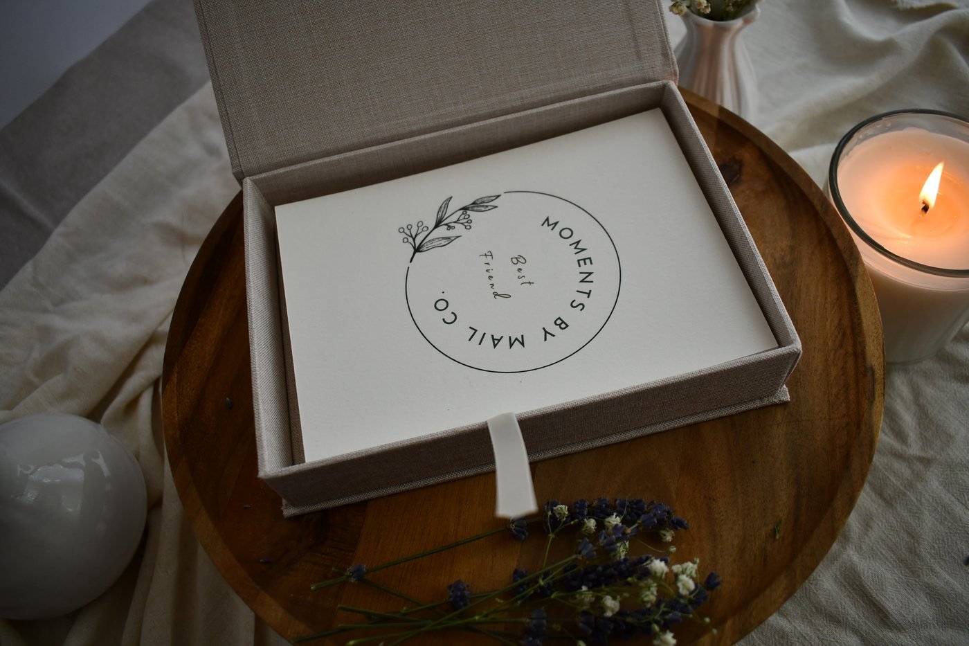 Open Best Friend keepsake box with cards and candle.