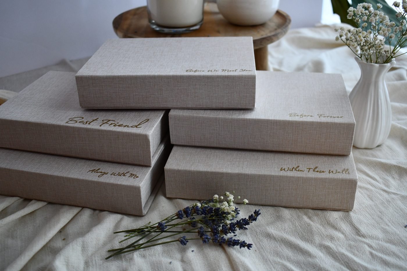 Keepsake Kits box styled with flowers and handwritten cards.