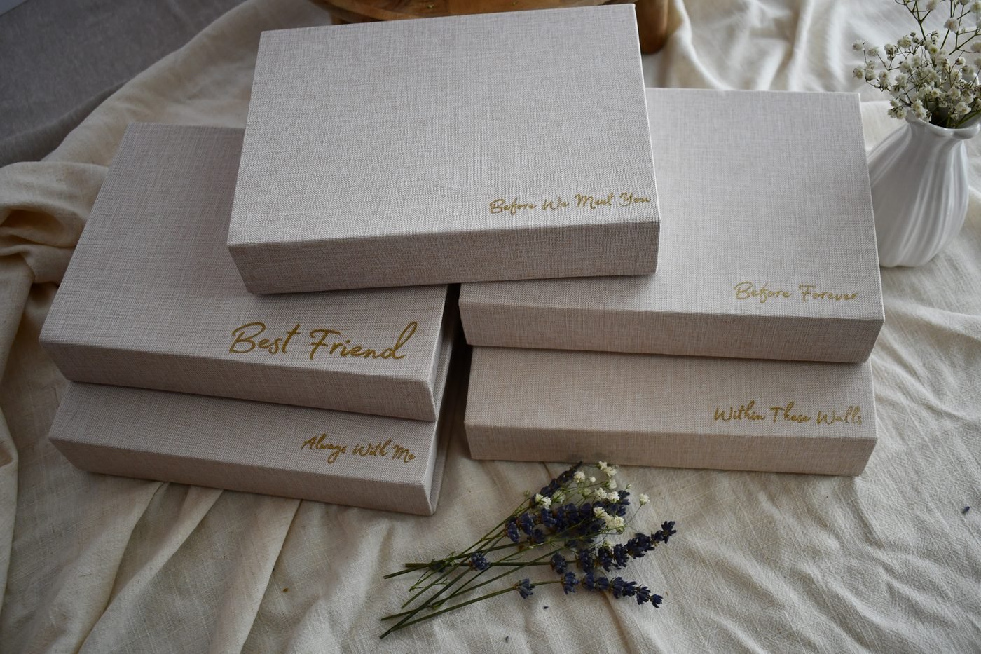 Keepsake Kits cards and memory pieces displayed in a styled box.