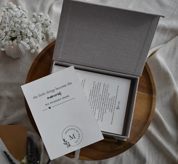 Legacy, Kept linen memory box with a prompt card tucked inside.