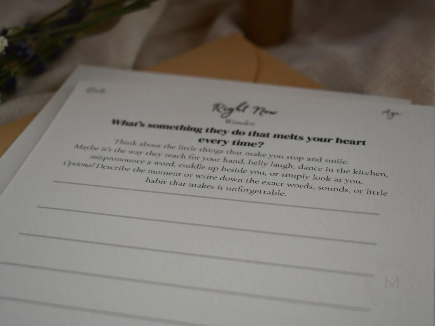 Little Moments heart-melting memory prompt card styled with lavender and an envelope.