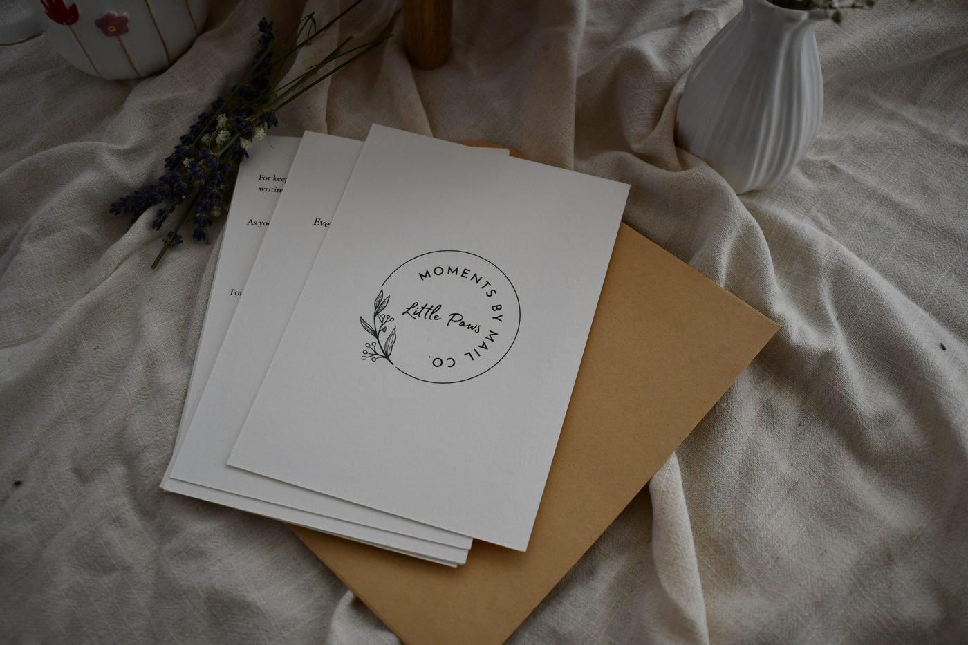 Little Paws keepsake cards arranged inside an open box.