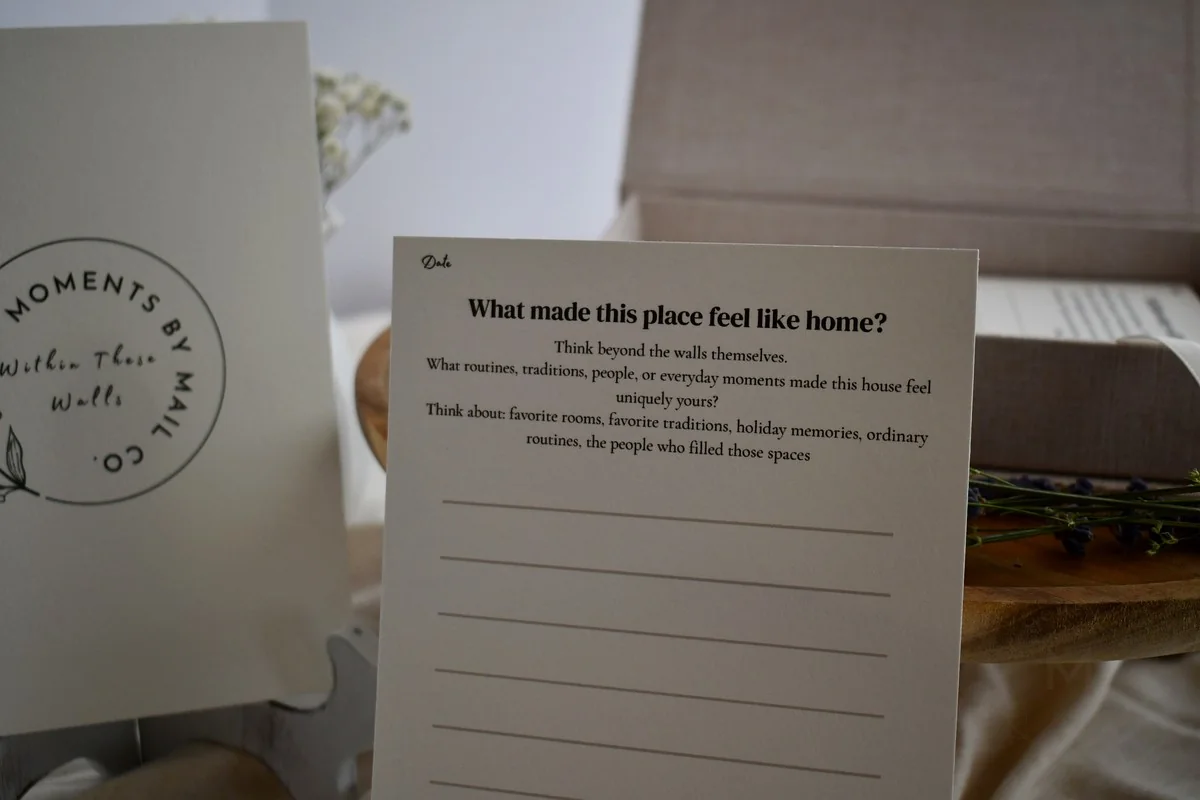Within These Walls home memory prompt card displayed with the keepsake box.