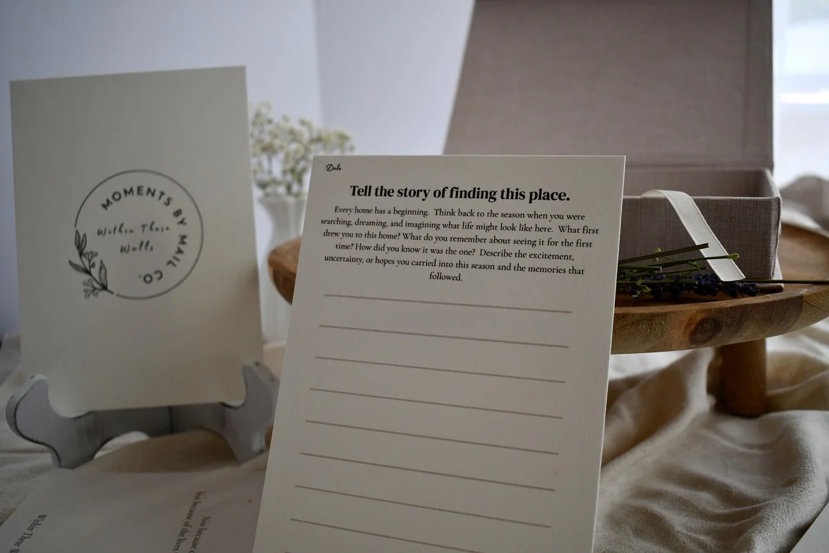 Within These Walls story prompt card displayed beside the open keepsake box.