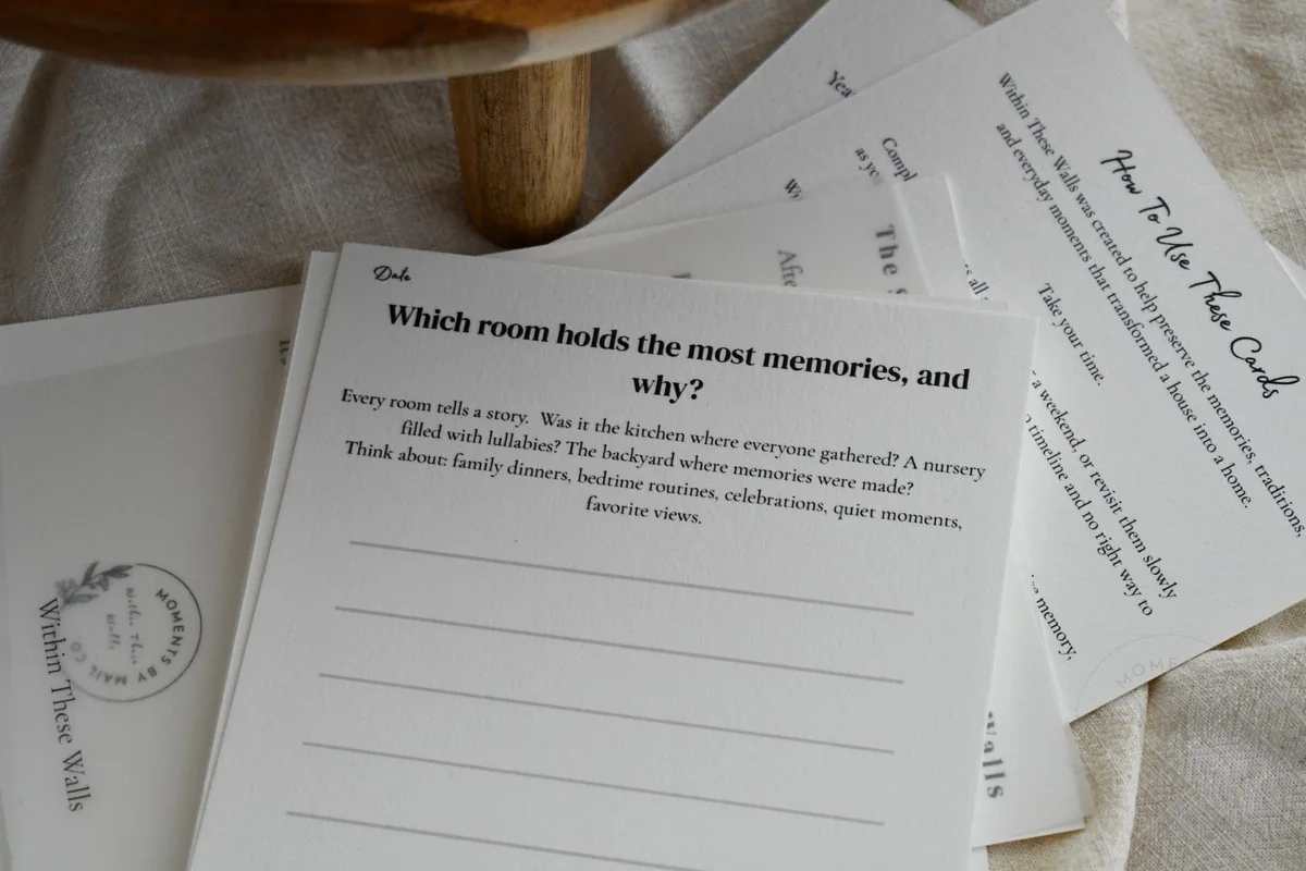Within These Walls room memories prompt card layered with keepsake pages.
